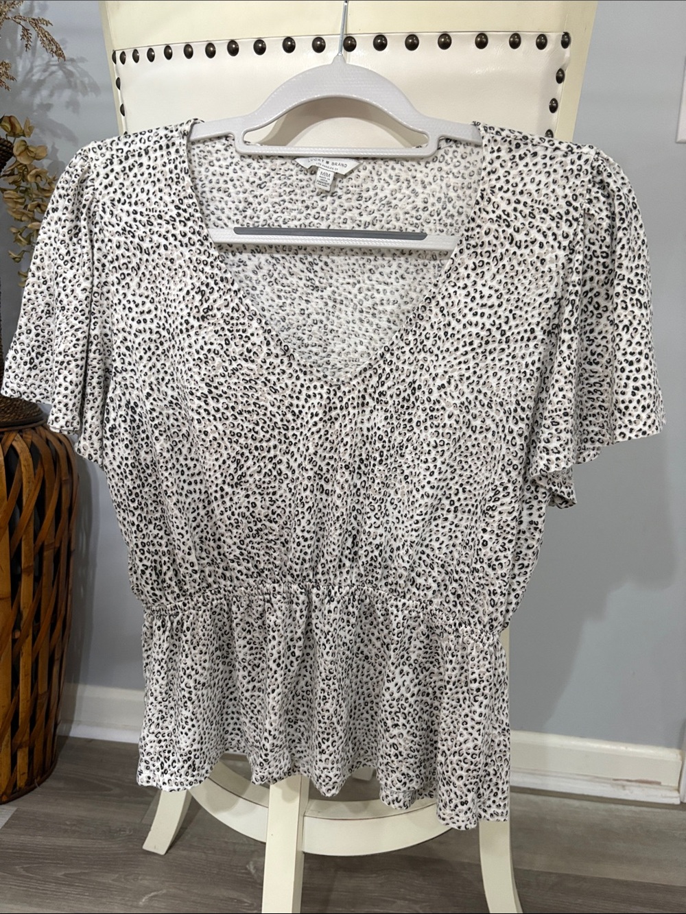 Lucky Brand White and Black Leopard Print Peplum Top
